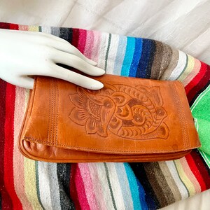 Hand Tooled Leather Clutch, Vintage Purse, Pin Up Rockabilly, 50s 60s