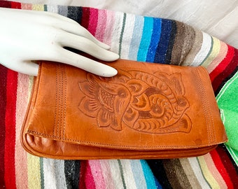 Hand Tooled Leather Clutch, Vintage Purse, Pin Up Rockabilly, 50s 60s