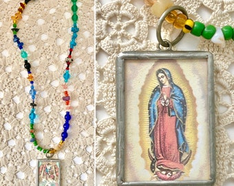 Our Lady Guadalupe Necklace, Natural Stones, Glass Beads, BVM, Nuestra Senora, Religious, Catholic