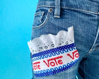 VOTE Denim Shorts, Cuffed, Lace Ruffle Upcycle, Blue Jean, Daisy Duke, Size 0