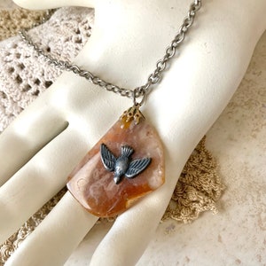 Peace Dove Necklace, Natural Stone, Agate, Abstract, Vintage