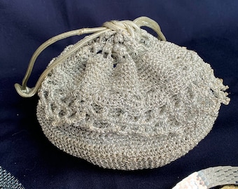 Silver Lurex Crocheted Bag, Drawstring Purse, Metallic Bucket Bag, Hippie, Vintage 70s