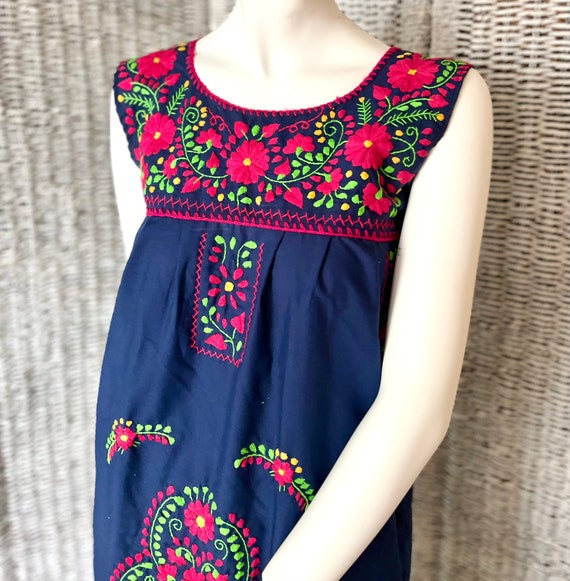 Mexican Embroidered Dress, Sleeveless, Dark Blue,… - image 3