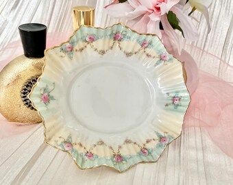 Mid Century Trinket Dish, Roses Floral Porcelain, Ruffle Edge, Bowl Dresser Dish, 50s 60s Vintage