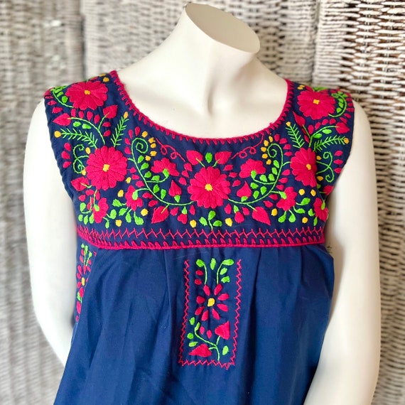 Mexican Embroidered Dress, Sleeveless, Dark Blue,… - image 2