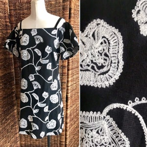 Vintage 90er Kleid, Schulterfrei, Stickerei, schwarz & weiß, Tahari, Größe 39