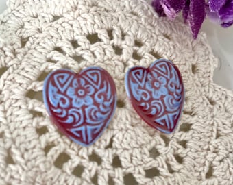 Heart Shape Earrings, Lace Design, Ceramic, Pottery, Statement, Studs, OOAK Artisan Vintage