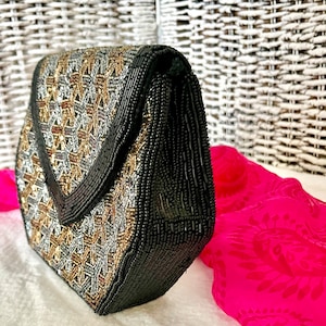 Glitzy Beaded Clutch, Geometric Shape, Black Pewter Bronze, Seed Beads, Cocktail Purse, Optional Strap, Vintage 80s 90s image 5