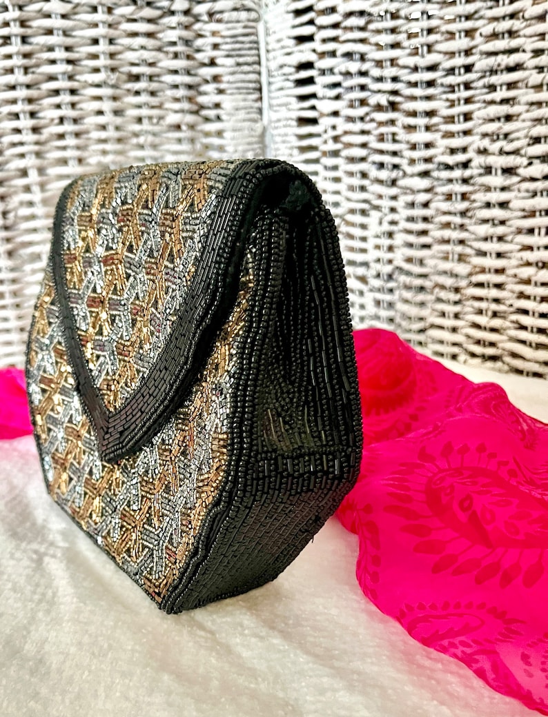 Glitzy Beaded Clutch, Geometric Shape, Black Pewter Bronze, Seed Beads, Cocktail Purse, Optional Strap, Vintage 80s 90s image 5