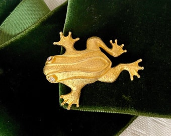Vintage Frog Brooch, Sculptural Pin, Rhinestone Crystal Eyes