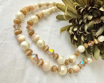 Vintage Double Strand Bead Necklace: Glass, Faux Pearls, Rondelles, Pin Up Rockabilly