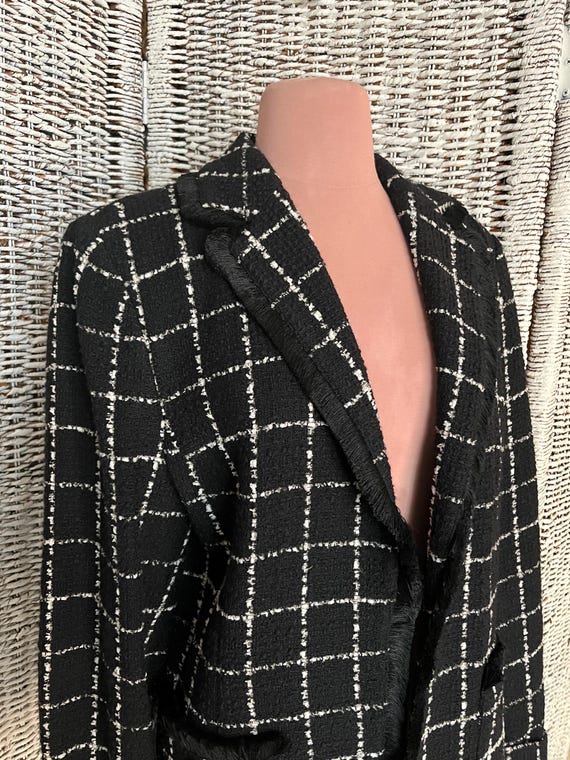 Vintage Grid Pattern Blazer: Fringed Edges, Made in Italy, Size 14 US