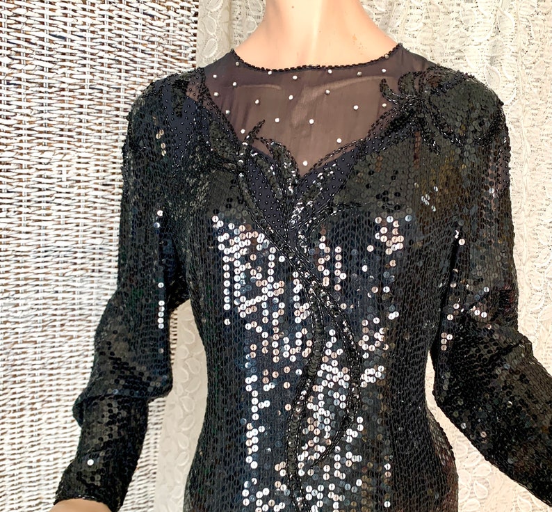 Glitzy Sequin Beaded Dress, Sheer Illusion, Evening Cocktail Maxi Cut Out Back 80s 90s image 5