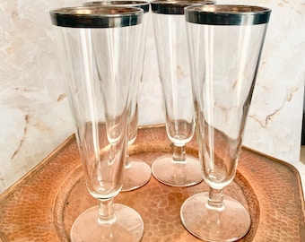 Vintage Pilsner Glasses, Silver Trim, Mid Century Barware Drinkware, Tall Glasses, Thorpe, Vintage 60s
