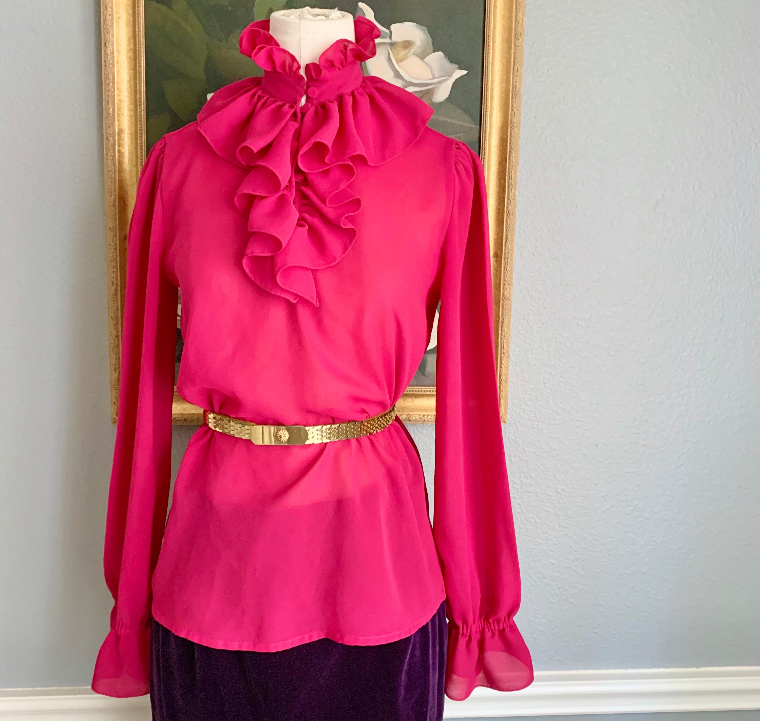 Vintage Ruffle Blouse Magenta High Neck Top Edwardian | Etsy