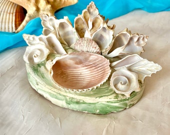 Kitschy Sea Shell Trinket Dish, Natural Shells, Scallop, Bowl Dresser Dish, Mermaid, Plaster, 50s 60s Vintage
