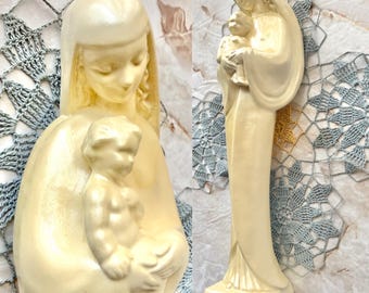 Vintage Virgin Mary Statue, Creamy Ceramic, Mid Century Catholic Decor