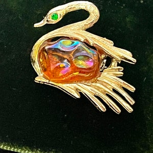 Swan Brooch, Pin, Iridescent Stone, Jelly Belly Style, Vintage Mid Century Jewelry