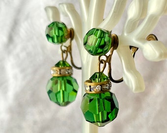Emerald Crystal Earrings, Dangle Drop, Chandelier, Screw Back, Faceted Stones