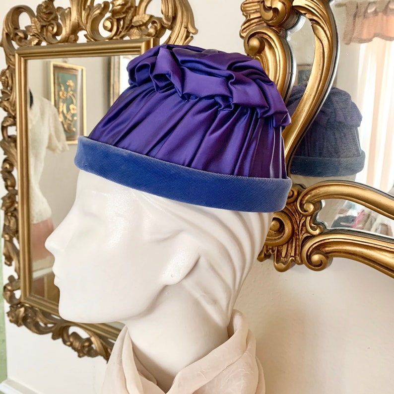 Statement Hat, Ruched Satin, Velvet Trim, High Crown, Violet, Navy, Vintage 60s image 1