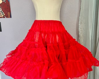 Vintage Bright Red Petticoat, Tiers, Tulle Netting, Chiffon, Ruffles, Swing, Square Dance, Rockabilly Pin Up, Slip Lingerie