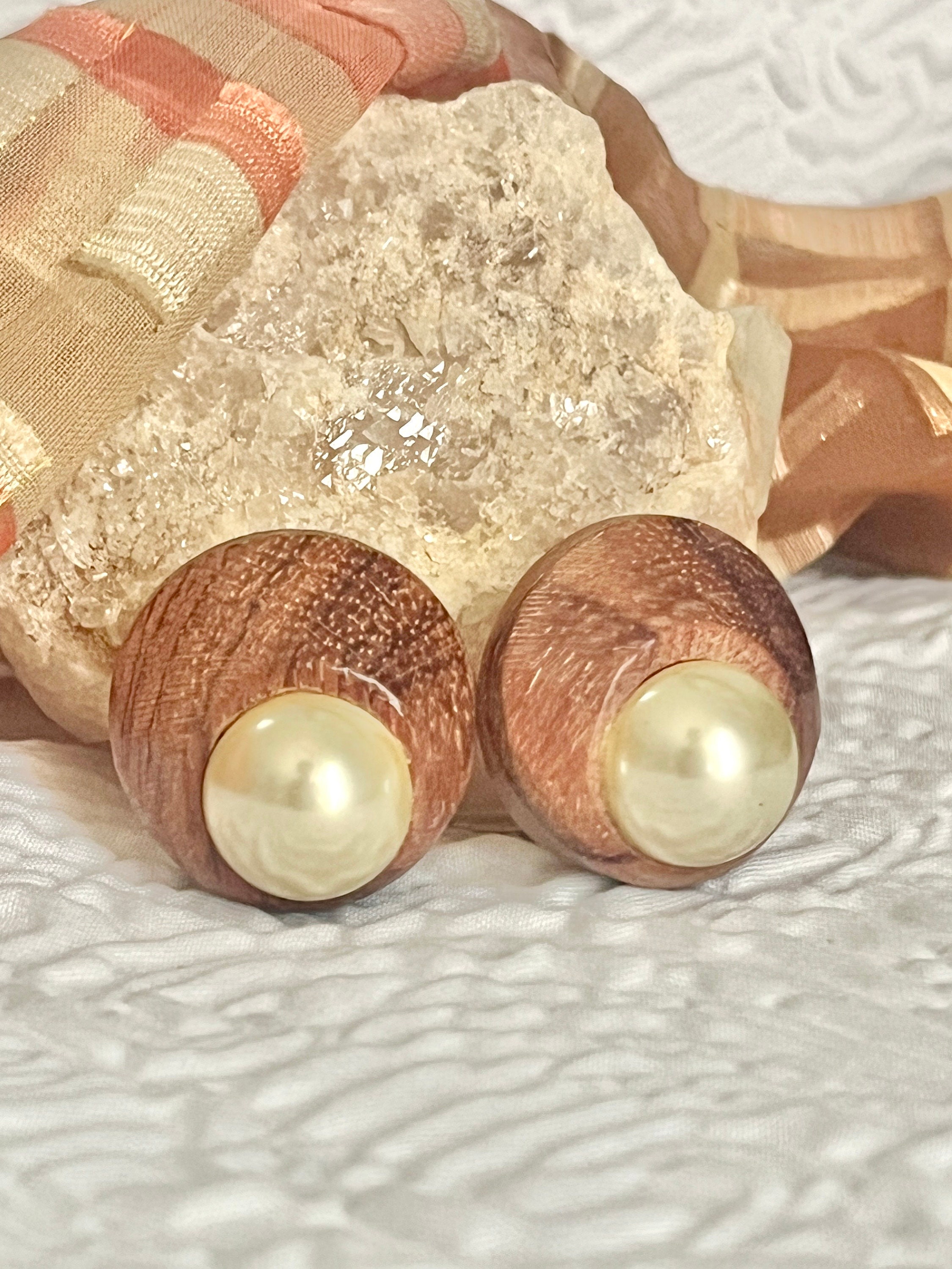 Wood Faux Pearl Earrings, Kenneth Lane, Statement Jewelry, Cabochons, Chunky Clip On Style, Sustainable Gift, Signed Ken Lane