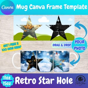 以下が含まれることがあります： 3つの星が並んだデザインが施された白いセラミック製のマグカップ。星はレトロなスタイルで、使い古したような風合い。マグカップは11オンスまたは15オンス。左上の隅には「Get 1 Free!! 100 Mug Wrap」の文字。右下の隅には「Drag & Drop Your Photo」の文字。下中央には「Retro Star Hole」の文字。
