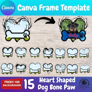 May include: 15 heart-shaped dog bone paw frames with different designs. The frames are blue, white, and green with a paw print and a bone. The text "FREE!! 100 BACKGROUND" and "Heart Shaped Dog Bone Paw" are at the bottom of the image.
