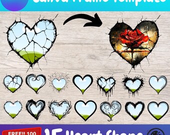 Heart Shape Canva Frame Template Sublimation Editable Digital Design Clipart for POD Artwork Romantic Grunge Love Broken Style