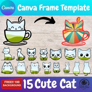 May include: 15 cute cat illustrations in various poses, including a cat in a teacup. The illustrations are in black and white with green accents. The text "15 Cute Cat" is in a large, bold font. The text "FREE!! 100 BACKGROUND" is in a smaller font.