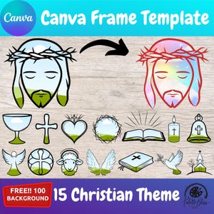 May include: A set of 15 Christian themed digital clipart images. The images include a cross, a heart, a dove, a crown of thorns, a bible, a church, a lamb, a chalice, a bell, a wreath, and two images of Jesus. The images are in black and white line art style.  FREE!! 100 BACKGROUND
