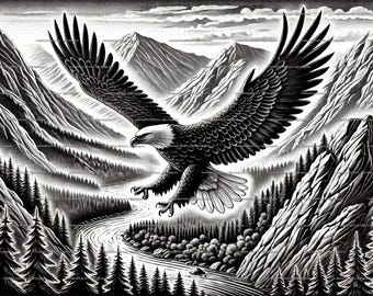 May include: A black and white illustration of a bald eagle flying over a mountain range with a river winding through the valley.