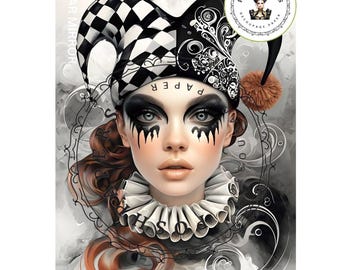 Harlequin Lady in hat  Large Decoupage Paper for crafting and Furniture Art, canvas art