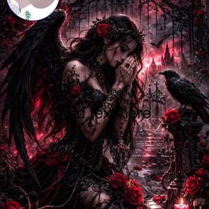 May include: A digital illustration of a winged figure with long dark hair, wearing a black lace gown adorned with red roses. The figure kneels before a wrought iron gate under a red moon, accompanied by a black raven and glowing red candles.