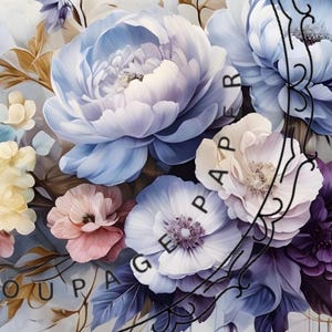 May include: A floral pattern featuring large blue, purple, and pale yellow flowers with green and brown foliage. The design includes a decorative black line-art frame and the text COUPAGE PAPER printed in black across the floral arrangement.