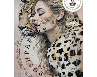 Leopard and Woman ~ large Decoupage Paper, Vintage Furniture Art