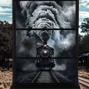 May include: A black cabinet featuring a framed image of a vintage steam train on tracks. The train is emitting a large plume of dark smoke against a cloudy sky. The image is divided into three sections.