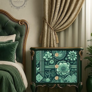 May include: A dark green dresser with gold accents and a floral design on the drawers. The dresser is next to a bed with a green headboard and bedding. The image also shows a curtain and a plant.