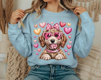 Cute Valentine Dog PNG, Puppy with Heart Glasses Clipart, Love Puppy Sublimation, Kawaii Dog Holding Lollipop, Pink Hearts Dog Valentine PNG