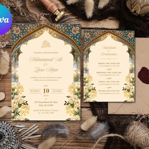 May include: A wedding invitation suite with a cream-coloured card, floral details, and an ornate arch design. The invitation includes the names "Muhammad Ali & Zara Khan" and event details. A matching card and envelope with a wax seal are also present.