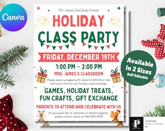 May include: A festive holiday class party invitation with red and green text on a white background. The invitation includes the date, time, and location, along with details about games, crafts, and gift exchange. The Canva logo is in the upper left corner.