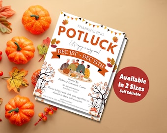 Editable Thanksgiving Potluck Flyer | Fall Harvest Dinner Invite | Friendsgiving Party Template