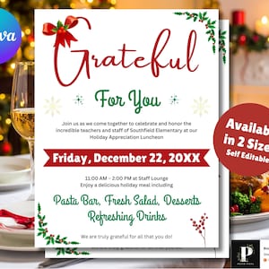 Puede incluir: Una invitación blanca con las palabras "Grateful For You" en rojo y verde, que anuncia un almuerzo de agradecimiento navideño. La invitación incluye la fecha, la hora y el menú, con un círculo rojo que dice "Available in 2 Sizes".