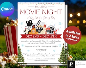May include: A festive holiday movie night flyer with the text "HOLIDAY MOVIE NIGHT" and "A Cozy Christmas Screening Event." The flyer includes illustrations of a film reel, popcorn, and Christmas trees. The event is from December 2nd to December 13th.