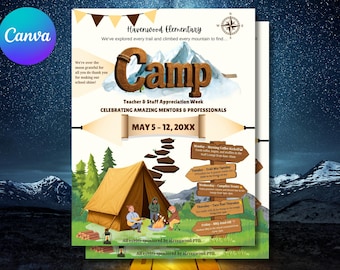 May include: A colorful flyer for Havenwood Elementary's Teacher & Staff Appreciation Week, themed "Camp." The design features a tent, campfire, and text that reads "Camp" in large, 3D letters. The flyer includes a schedule of events from May 5-12, 20XX.