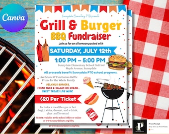 BBQ Fundraiser Flyer: Grill & Burger Cookout, Editable Canva Template (Instant Download)
