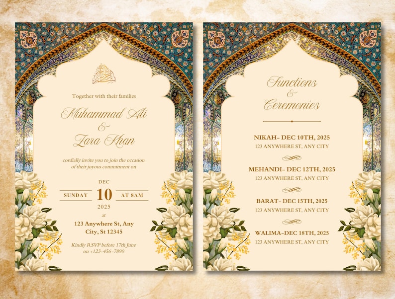 Beige & Gold Islamic Wedding Invitation: Elegant Nikah Card (digital ...