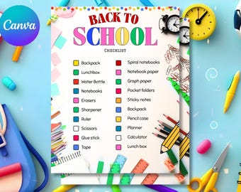 Checklist voor de eerste schooldag, bewerkbare en printbare planner, Canva-sjabloon voor de eerste schooldag van de kinderen