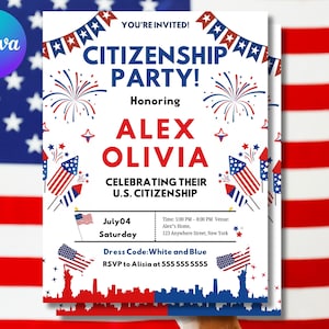 USA Citizenship Party Invitation Template | Patriotic Red White Blue Welcome Celebration | Printable Canva Digital Download | Party Invite