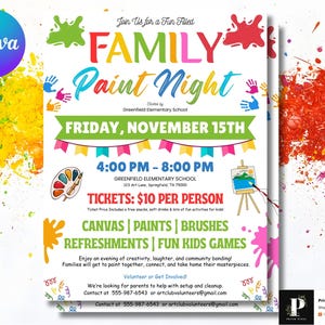Puede incluir: Un folleto colorido para un evento de Noche de Pintura Familiar. El folleto presenta el texto "FAMILY Paint Night" en varios colores, junto con detalles del evento como la fecha, la hora y el lugar. Incluye salpicaduras de pintura y huellas de manos.